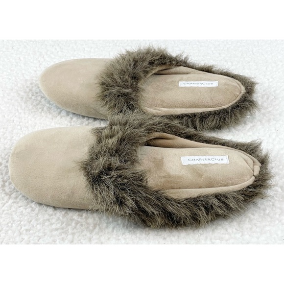 CHARTER CLUB • Cream/Brown Faux Fur Trimmed House Slippers - Picture 8 of 16